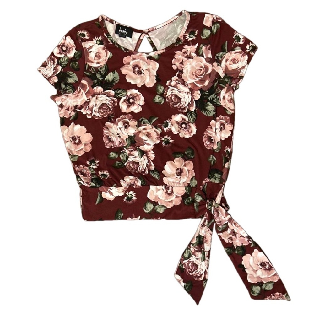 by & by maroon / red & green floral short sleeve top with tie waist size L